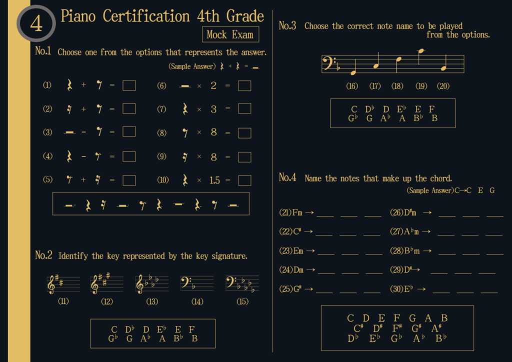 Full Explanation – Piano Grade 4 (Intermediate) Mock Exam/World Unified Music Certification※Half rest-8th rest=? Which key signature has F♯, C♯, and G♯? What are the notes that make up an E minor chord?